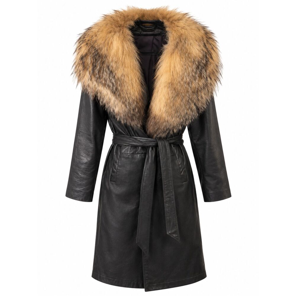 Vintage leather & faux fur trim collared coat